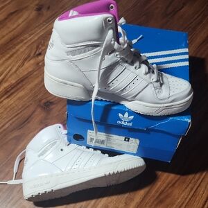 Adidas Kids White and Pink High-Top Sneakers